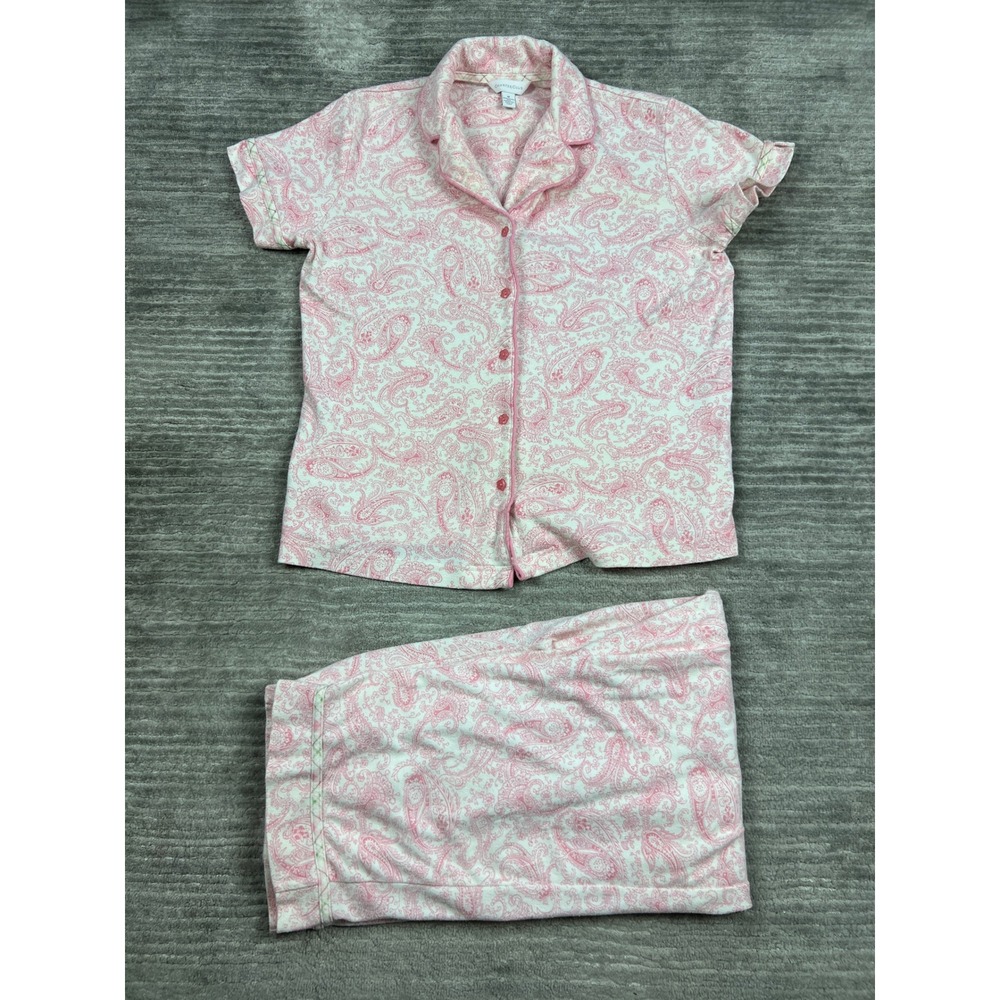 Charter Club Pajama Set Women M Pink White Paisley Button Front Short Sleeve 2pc